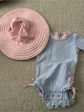 Ruffle Butts Pink Polka Dot Sun Hat & Blue Stripe One-Piece